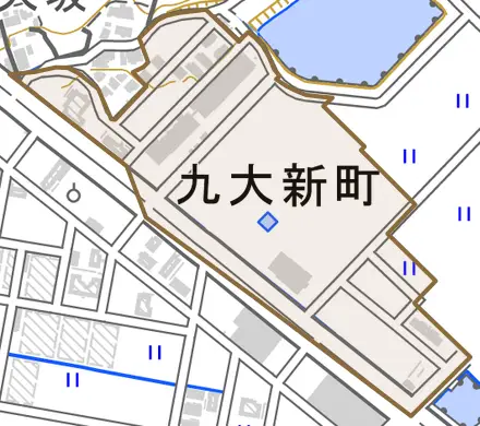 九大新町とその周辺の地図。町の範囲を重ねている