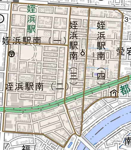姪浜駅南とその周辺の地図。町の範囲を重ねている