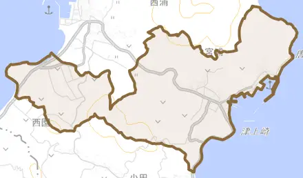 大字宮浦とその周辺の地図。町の範囲を重ねている