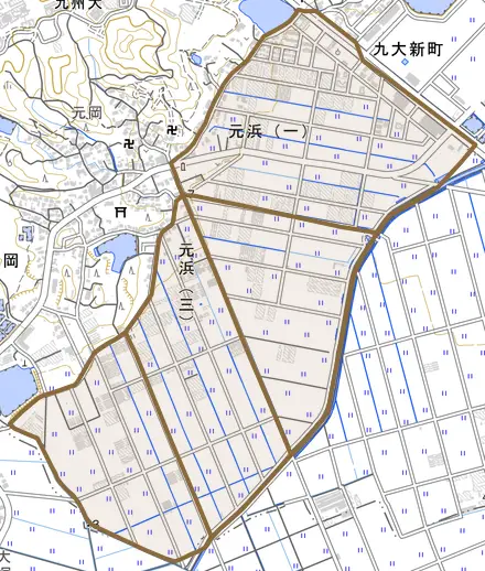 元浜とその周辺の地図。町の範囲を重ねている