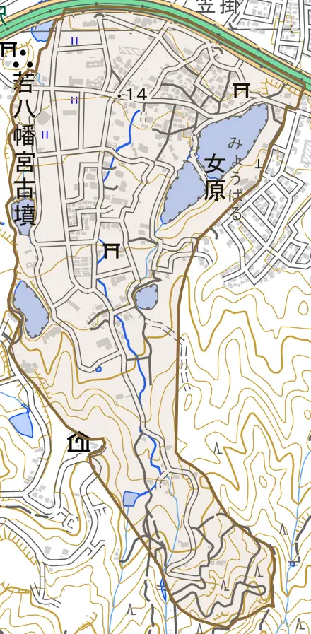 大字女原とその周辺の地図。町の範囲を重ねている