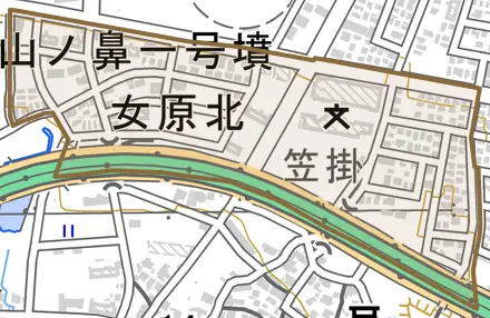 女原北とその周辺の地図。町の範囲を重ねている
