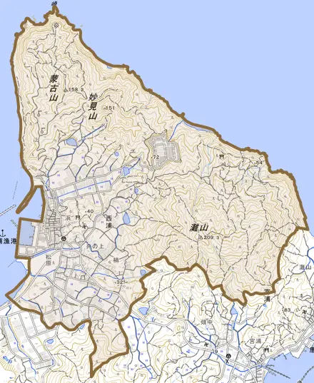 大字西浦とその周辺の地図。町の範囲を重ねている