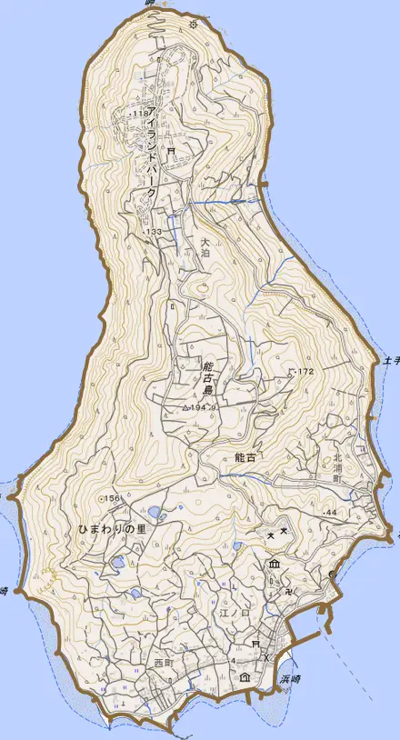 能古とその周辺の地図。町の範囲を重ねている