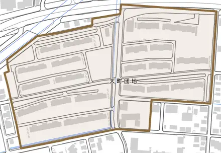 大町団地とその周辺の地図。町の範囲を重ねている