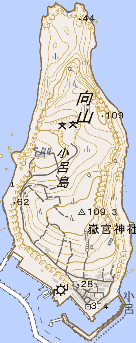 大字小呂島とその周辺の地図。町の範囲を重ねている