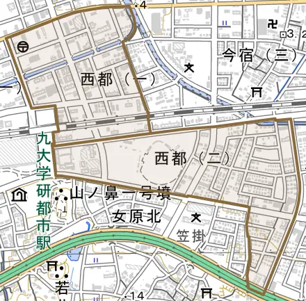 西都とその周辺の地図。町の範囲を重ねている