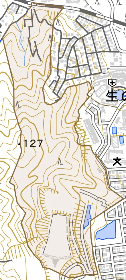 大字下山門とその周辺の地図。町の範囲を重ねている