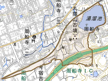 大字周船寺とその周辺の地図。町の範囲を重ねている
