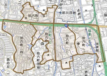 拾六町とその周辺の地図。町の範囲を重ねている