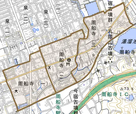周船寺とその周辺の地図。町の範囲を重ねている
