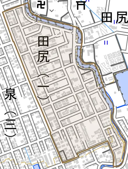 田尻とその周辺の地図。町の範囲を重ねている