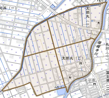 太郎丸とその周辺の地図。町の範囲を重ねている