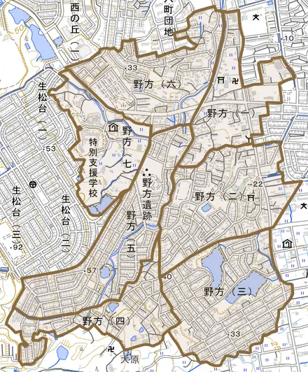 野方とその周辺の地図。町の範囲を重ねている