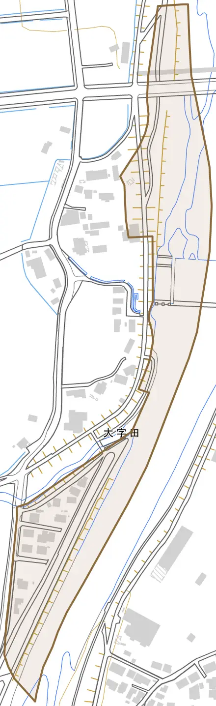 大字田とその周辺の地図。町の範囲を重ねている