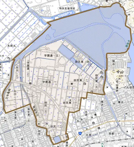 大字田尻とその周辺の地図。町の範囲を重ねている