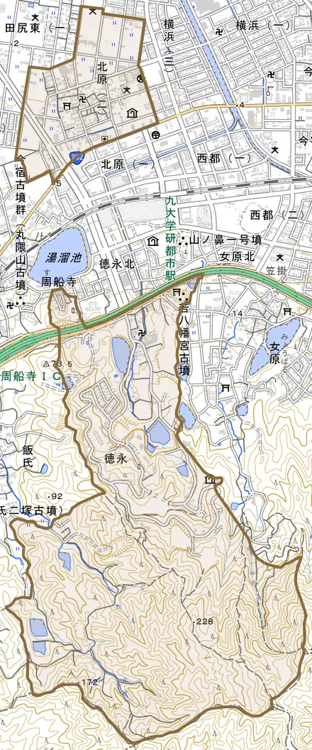 大字徳永とその周辺の地図。町の範囲を重ねている