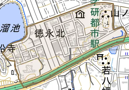 徳永北とその周辺の地図。町の範囲を重ねている