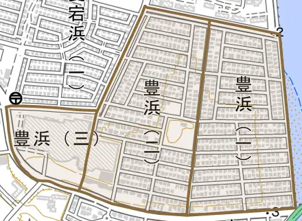 豊浜とその周辺の地図。町の範囲を重ねている