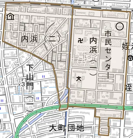 内浜とその周辺の地図。町の範囲を重ねている