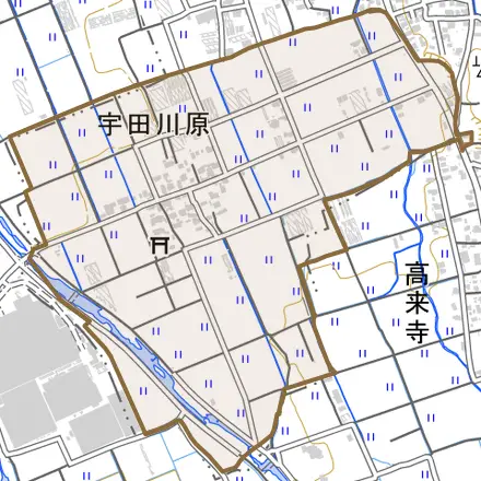大字宇田川原とその周辺の地図。町の範囲を重ねている