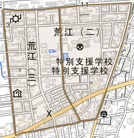 荒江とその周辺の地図。町の範囲を重ねている