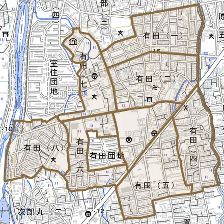 有田とその周辺の地図。町の範囲を重ねている