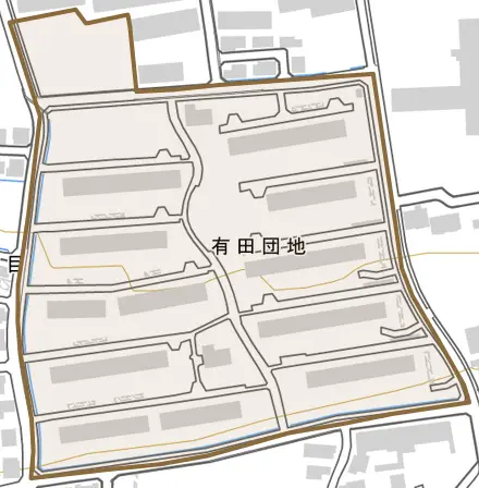 有田団地とその周辺の地図。町の範囲を重ねている