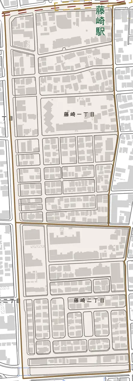 藤崎とその周辺の地図。町の範囲を重ねている
