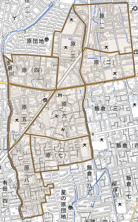 原とその周辺の地図。町の範囲を重ねている