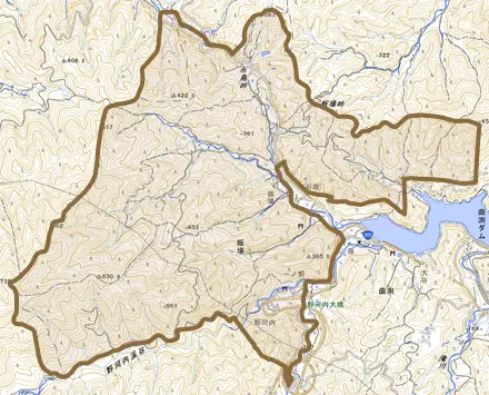大字飯場とその周辺の地図。町の範囲を重ねている