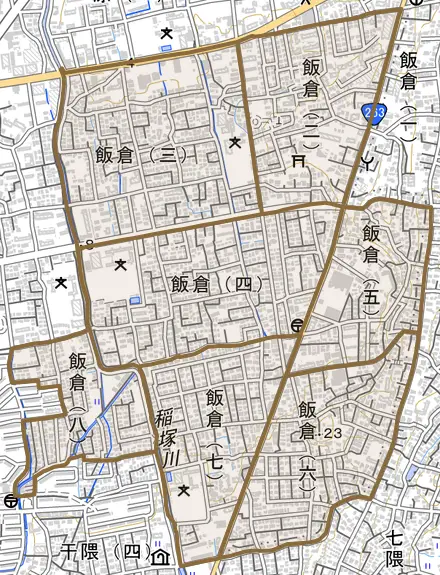 飯倉とその周辺の地図。町の範囲を重ねている