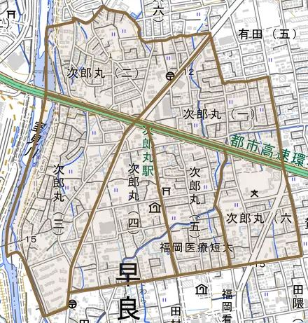 次郎丸とその周辺の地図。町の範囲を重ねている