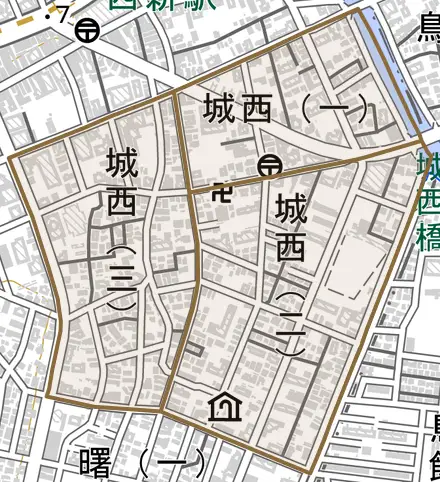 城西とその周辺の地図。町の範囲を重ねている