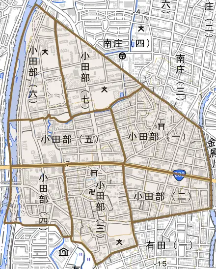 小田部とその周辺の地図。町の範囲を重ねている
