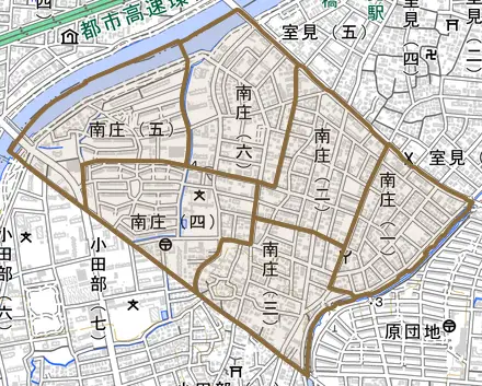 南庄とその周辺の地図。町の範囲を重ねている