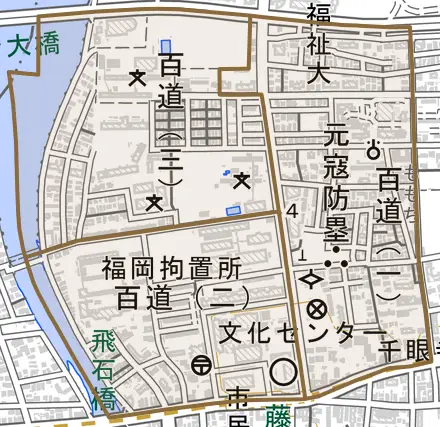 百道とその周辺の地図。町の範囲を重ねている
