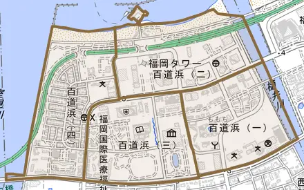 百道浜とその周辺の地図。町の範囲を重ねている