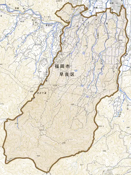 大字西とその周辺の地図。町の範囲を重ねている