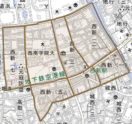 西新とその周辺の地図。町の範囲を重ねている