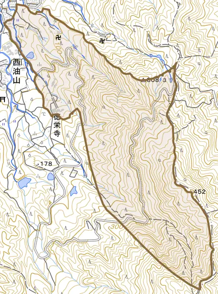 大字野芥とその周辺の地図。町の範囲を重ねている