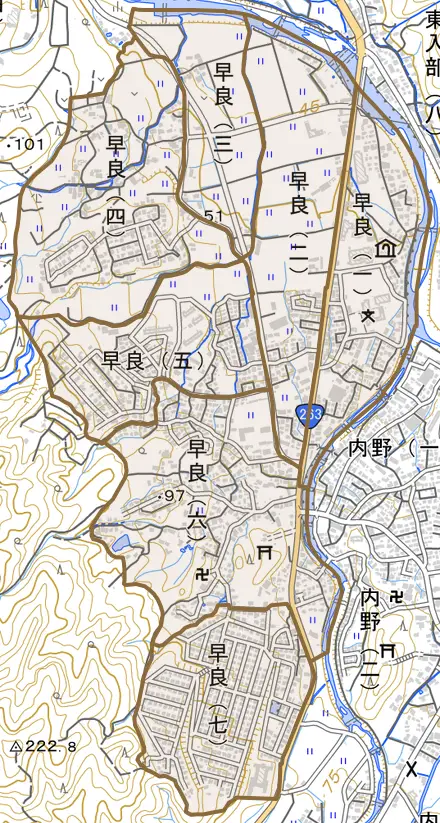 早良とその周辺の地図。町の範囲を重ねている
