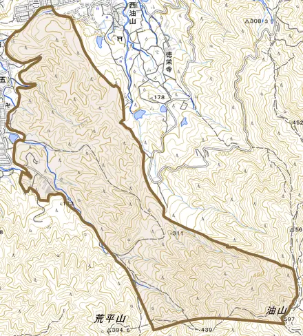 大字重留とその周辺の地図。町の範囲を重ねている