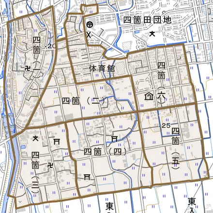 四箇とその周辺の地図。町の範囲を重ねている