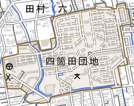 四箇田団地とその周辺の地図。町の範囲を重ねている