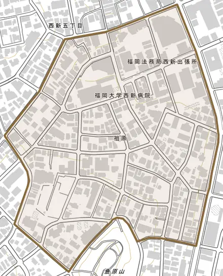 祖原とその周辺の地図。町の範囲を重ねている