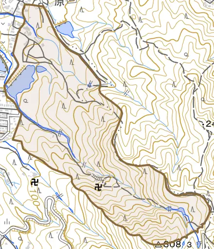 大字梅林とその周辺の地図。町の範囲を重ねている