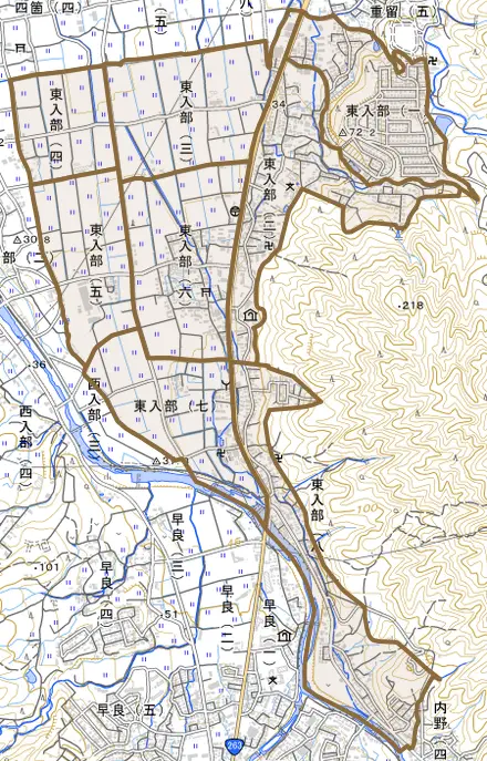 東入部とその周辺の地図。町の範囲を重ねている
