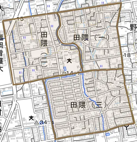 田隈とその周辺の地図。町の範囲を重ねている