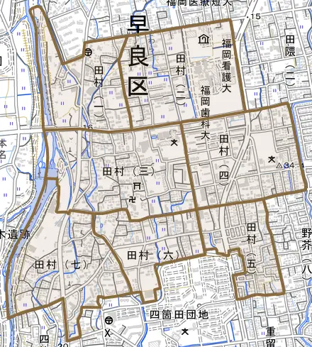 田村とその周辺の地図。町の範囲を重ねている